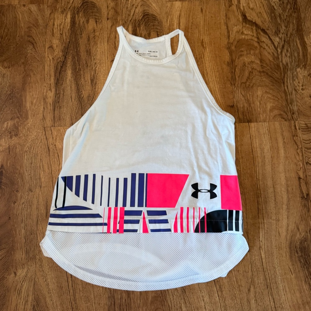 Under Armour White Tank Top with Pink and Blue Accents